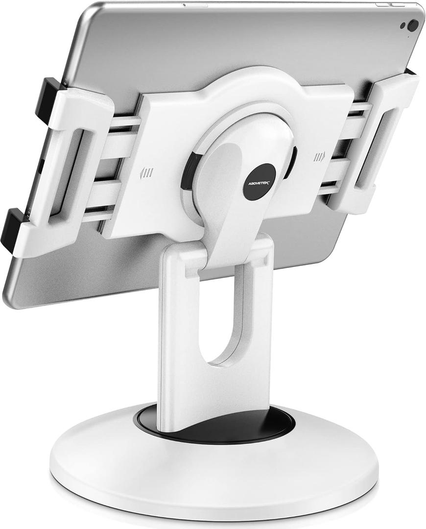 AboveTEK Retail Kiosk iPad Stand, 360 Rotating Commercial POS Tablet Stand, Fits 6"-13" (Screens) iPad mini Pro-Business Swivel Tablet Holder, for Store Office Reception Kitchen Desktop (White)