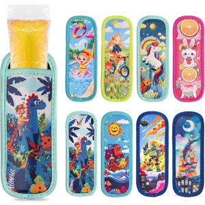 8 Pcs Ice Pop Sleeves, Reusable Washable Popsicle Sleeves for Freeze Protection & Insulation, Popsicle Holder for Kids with 8 Cute Patterns, Neoprene Colorful Sleeves for Boys and Girls