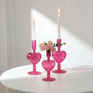 Maxdot 3 Pcs Hot Magenta Glass Candlestick Holders Heart Candle Holders Glass Taper Vase Decor Table Centerpieces for Wedding Receptions Anniversary Bachelorette Birthday Engagement Party Decorations