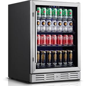 24 Inch Under Counter Beverage Fridge -Max 164Cans Capacity Drink cooler,Wide 24''Perfectly for Built in Space, Adjustable shelves for any size beverage/beer/soda Transparent door Refrigerator (Stainless steel)
