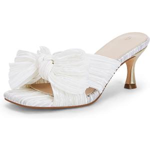 Coutgo Womens Bow Heeled Sandals Pleated Bowknot Heels Open Square Toe Cute Kitten Heel Mules Slip On Wedding Dress Shoes 10