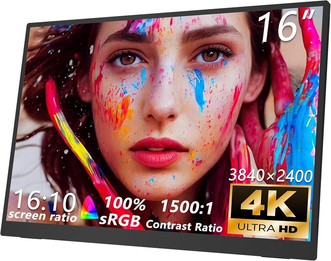 MAFNKOU 16” Portable Monitor 4K UHD 3840×2400 400 Nits 1500:1 Contrast Gaming Display,IPS HDR External Second Screen,4K Portable Monitor for Laptop/Mac/PC/PS5/Xbox with Speakers Stand,VESA Compatible