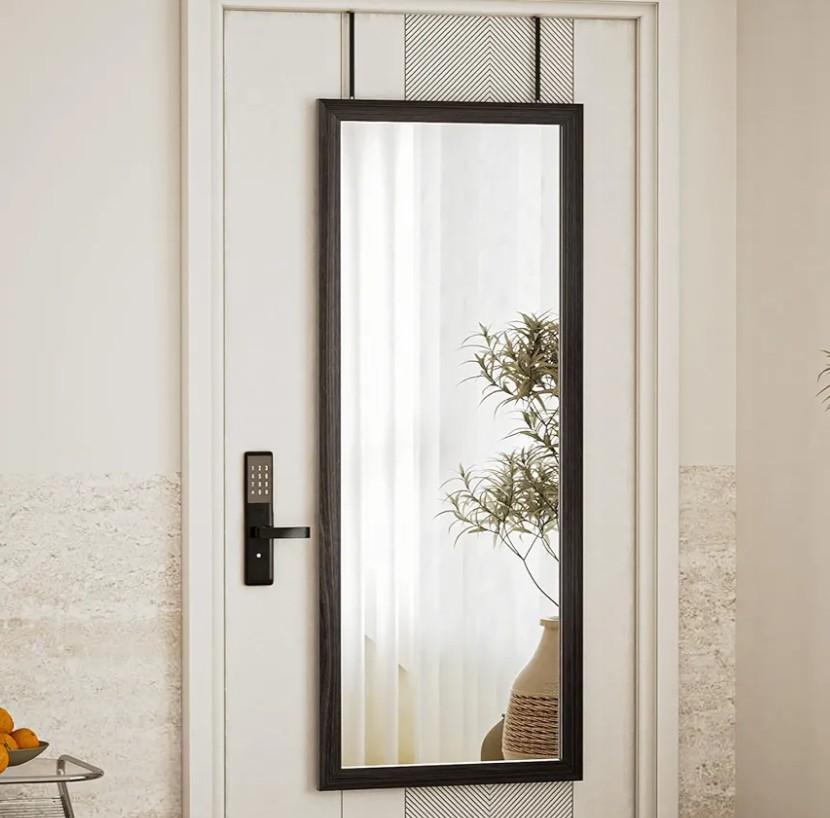 VooBang 18x48 inch Over Door Mirror Wooden Frame, Full Length Hanging Mirror with Durable and Space-Saving Design for Bedroom, Bathroom, or Closet, Adjustable Height Hooks, Grey