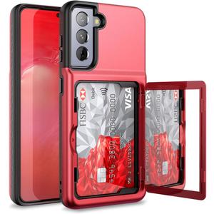 WeLoveCase for Samsung Galaxy S21 Wallet Case with Credit Card Holder & Hidden Mirror, Defender Protective Shockproof Heavy Duty Protection Phone Cover for Samsung Galaxy S21 5G, 6.2 inch Red