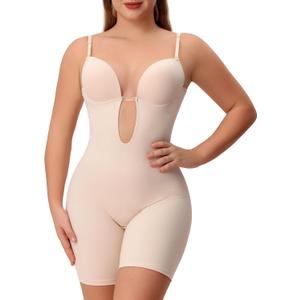 Slimers Backless Shapewear Strapless Bodysuit - Low Back Women Body Shaper : Slimming Built In Bra With Plunge (Small, Beige)