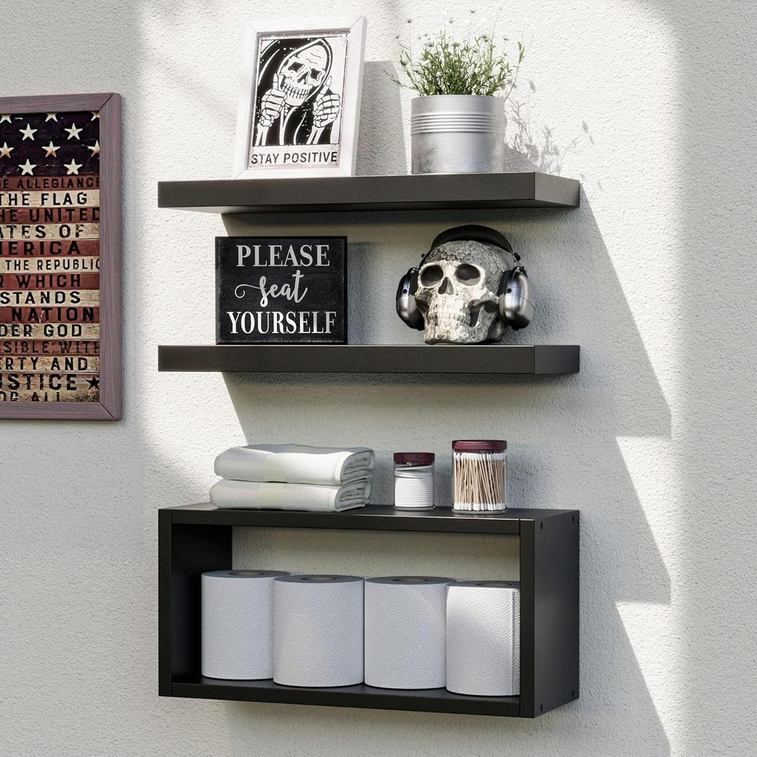 RICHER HOUSE Black Floating Shelves Set of 3, Rustic Wall Mounted Shelves with Invisible Brackets Over Toilet for Bathroom, Bedroom, Living Room, Kitchen (2+1)
