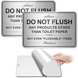 Do Not Flush Sign for Bathroom 2 Pack, Please Do Not Flush Anything Except Toilet Paper Signs Self-adhesive, Aluminum Metal Signs for Home and Business 9x6 inches