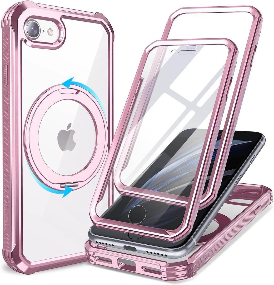 KPV for iPhone SE 2022/3rd/2020/2rd/8/7 Case,3in1/Compatible with MagSafe/with 2X Front Case Protection/Invisible Magnetic Ring Metal Stand/Shockproof Military-Grade Protection(V-Rose Gold,iPhone SE)
