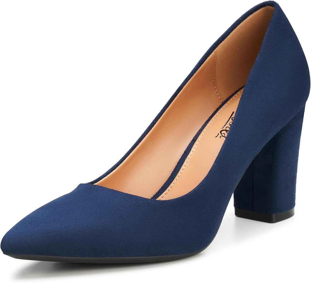 Heel The World Women's High Chunky Block Closed Toe Heels,Slip On Pointed Toe Work Dress Office Wedding Party Pumps Shoes, 8.5, Navy Blue