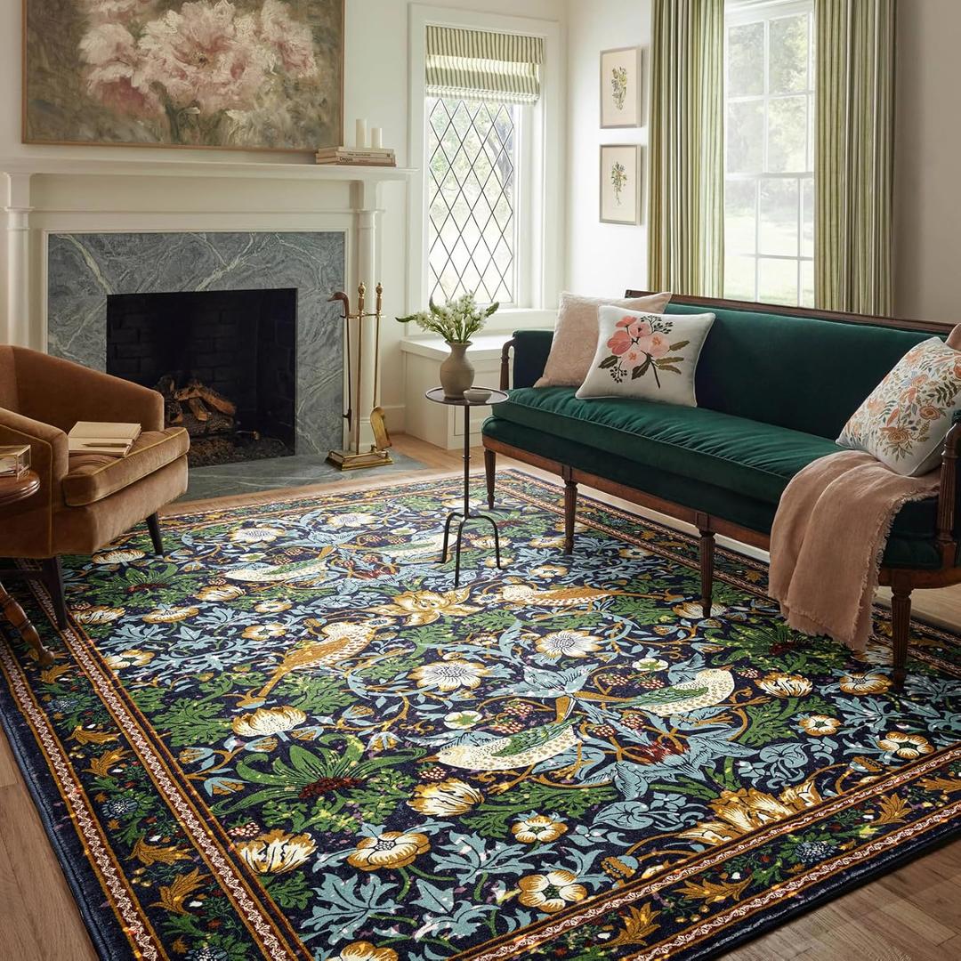 Strawberry Thief Area Rug Dark Green, Ultra Thin 8x10 Washable Carpet, Modern Abstract Indoor Entryway Rug, Boho Vintage Floral Forest Large Rug for Bedroom Kitchen Dining Living Room Office