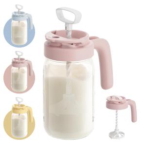 Papablic Glass Breastmilk Pitcher, Fast Baby Formula Maker with Mixing Handle Lid, Wide Mouth Mason Jar Breast Milk Storage Container with Flip-Lock Spout, BPA-Free, Pink.