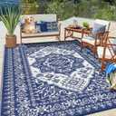 GlowSol Waterproof Outdoor Rug 10x14 Reversible Plastic Woven Straw Mat Portable Vintage Floral Design - Perfect for Camping, RVs, Patios, Backyards, Decks, Picnics, and Beach Use, Navy