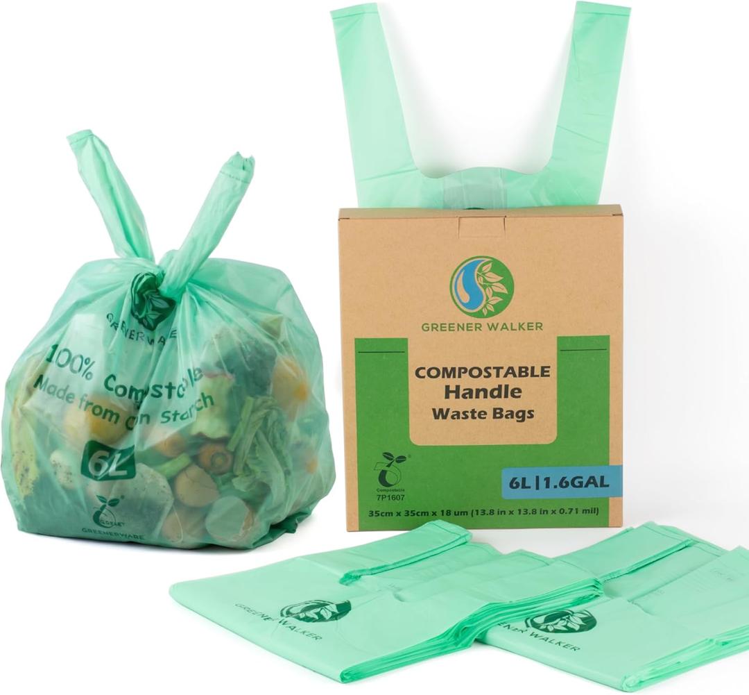 GREENER WALKER 100% Compostable Trash Bags with Tie Handles, 1.6 Gallon-150Bags, Food Scrap Kitchen Waste Bags with EN13432 Certified