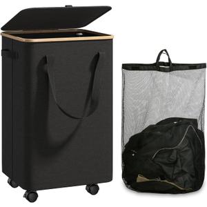 Large Laundry Basket with Wheels,100L Tall Laundry Hamper with Lid and Removable Liner Bag,Collapsible Dirty Clothes Hamper for Bathroom,Bedroom,Dorm & Laundry Room,Black