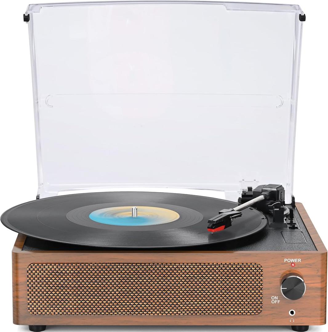 WOCKODER Vintage Record Players for Vinyl with Speakers BeltDriven Retro Turntable LP Player Support 3Speed, Bluetooth Playback, AUXin, Headphone, RCA Allinone Auto Stop Phonograph Wooden Brown