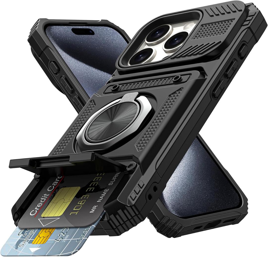 Vofolen for iPhone 15 Pro Max Case Wallet with Card Holder [Store 2 Cards] + 360 Magnetic Rotated Ring Kickstand, Heavy Duty Drop Protection Wallet Phone Case for iPhone 15 Pro Max 6.7 Inch Black