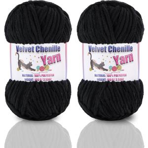 2 * 100g/3.5oz Fluffy Chenille Yarn for Crocheting, Chunky Velvet Yarn for Crochet Amigurumi, Used for Making Baby Yarns Blanket, Clothes, Pattern Knitting Creations (Black)