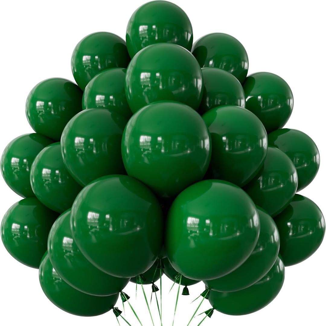 Dark Green Balloons - Forest Green Balloons 12 Inch Round Latex Balloon with Ribbons Shiny Party Balloon for Christmas Birthday Football Baby Shower Jungle Safaril Theme Party Supplies, 50Pcs