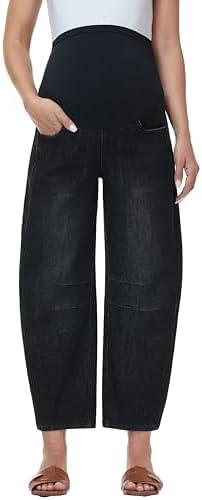 CFRTMTBB Women's Maternity Barrel Jeans Over Belly Wide Leg Baggy Jeans Stretch Loose Pregnancy Denim Pants with Pockets M