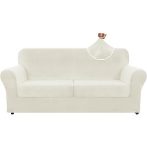 ZNSAYOTX Oversized Velvet 3 Piece Couch Cover with 2 Extra Large Seat Cushion Covers Stretch Sofa Cover for 2 Cushion Couch Thick Soft Loveseat Sofa Slipcover (Beige),72"-92"(2 Cushions)