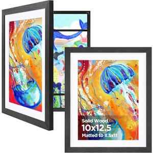 KINLINK 10x12.5 Kids Art Frames Set of 2, Solid Wood Kids Artwork Frames Changeable with Acrylic Front Opening Holds 150 Pictures, Art Frame for Kids Artwork with Mat or without Mat, Black Wood