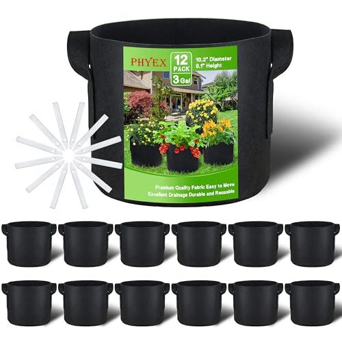 PHYEX 12-Pack 3 Gallon Grow Bags, Heavy Duty Fabric Pots with Handles, Reusable Plant Bags for Vegetable, Herbs & Flowers, BPA-Free, Breathable, Durable