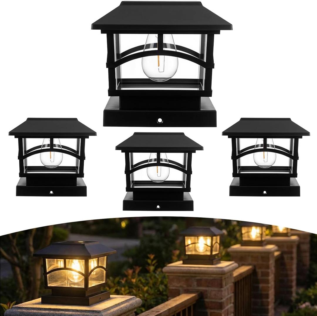 Lewtemi 4 Pack Solar Post Cap Lights Outdoor Fence Post Lights Fit 4x4 5x5 6x6 Vinyl Wooden Posts Waterproof Bright LED Light for Patio Garden Deck Mailbox