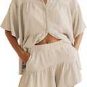 Qiaomai Womens 2 Piece Outfits Summer Ruffled Shirt and High Waist Shorts Matching Set M Beige