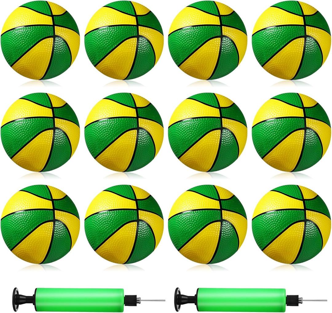 Syhood 12 Pcs Mini Small Basketballs Set with 2 Pumps, 7 x 7 Inches Small Plastic Basketball for Pool, Indoors, Outdoors Game Party Favors (Green Yellow)