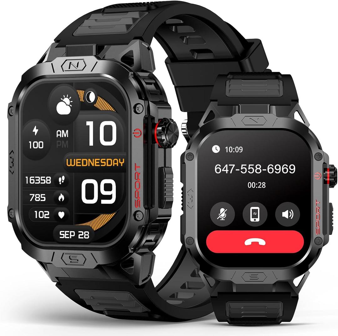 Military Smart Watch for Men, 2.02" Outdoor Sport Smartwatch with Flashlight, Heart Rate Blood Oxygen Blood Pressure Sleep, 100+ Sport Modes Fitness Tracker Compatible Android and iOS Black