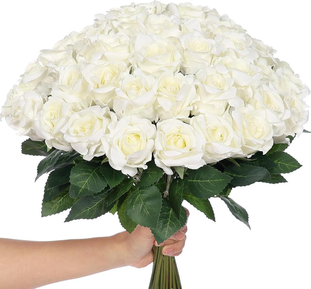 YXZZWL 60 Pcs Artificial Roses in Bulk, Fake Silk Roses Realistic Roses Stem Faux Roses Bouquet for Wedding Centerpieces Flower Arrangement Home Decor (White)