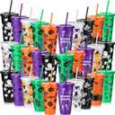 Chuangdi 24 Pack Halloween Plastic Tumbler with Lids and Straws Reusable Plastic Cups Spooky Cups Bulk for Kids Adults Halloween Party Birthday Supplies (24 oz,Ghost)