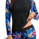 Aqua Eve Women Two Piece Rash Guard Long Sleeve Swimsuit Swim Shirt with Shorts Modest Bathing Suit UPF 50+ (Large, Blue Floral)