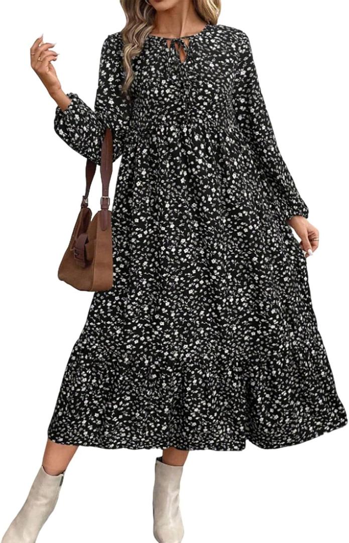 Women's Autumn Long-Sleeved Round-Neck Pleated Floral Dress a Casual and Flowing Long Dress (Black, L)