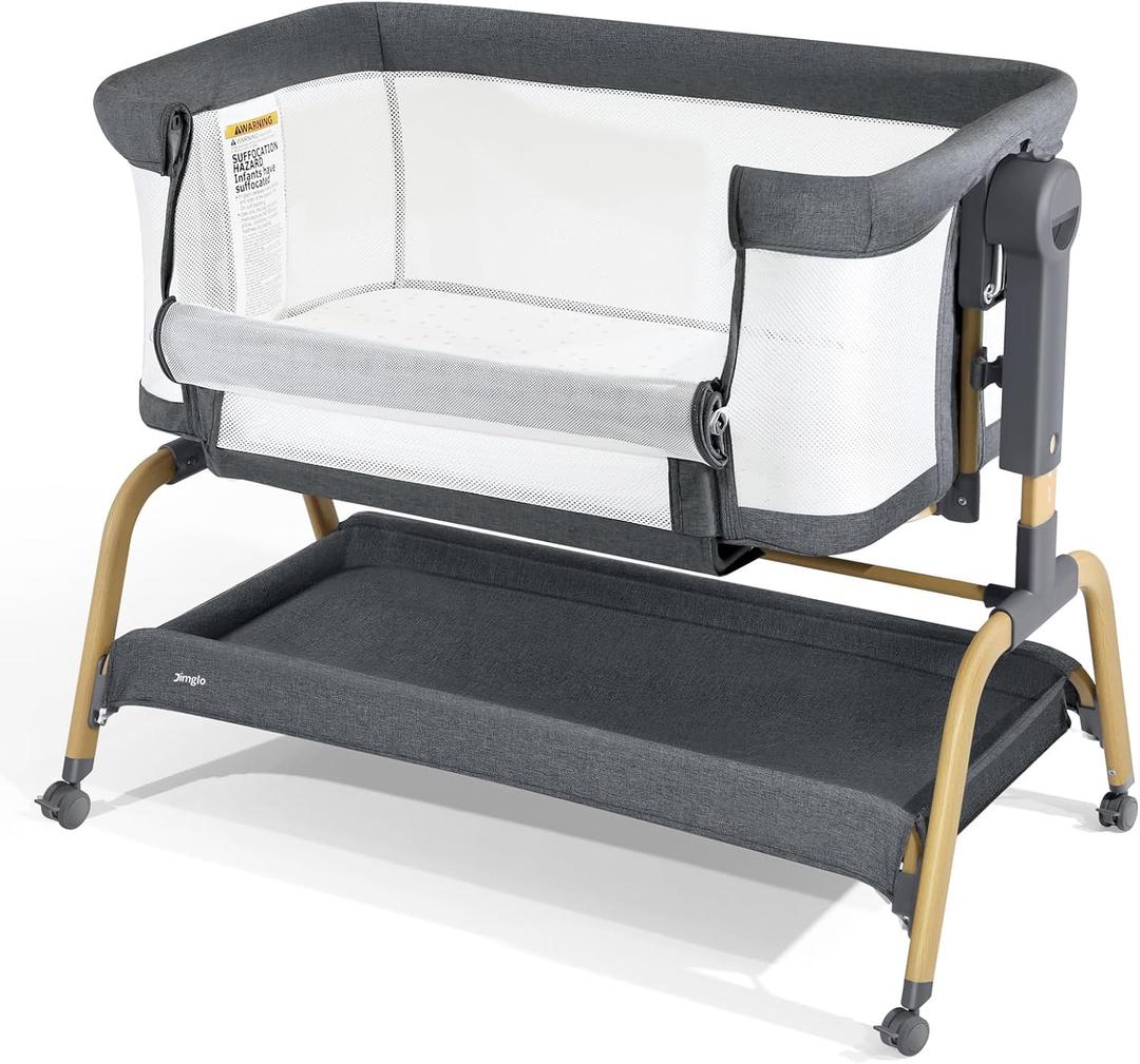 Jimglo 3 in 1 Baby Bassinet, Bedside Bassinet for Baby, Rocking Bassinet with Comfy Mattress and Wheels, 6 Height Adjustable Easy Folding Portable Bedside Crib for Newborn (40.07"L x 21.65"W x 35.43"H)