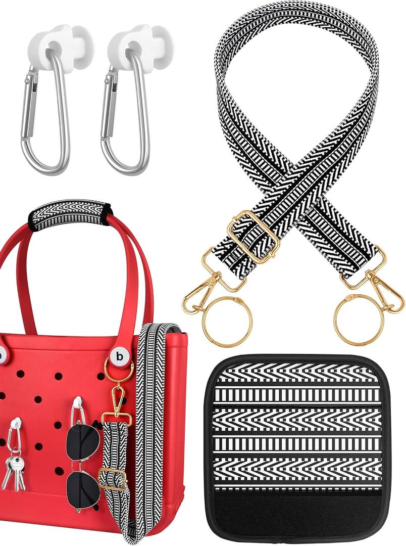 Bag Strap Charms Crossbody for Bogg Bag Accessories - Stripe Shoulder Strap Neoprene Luggage Handle Wrap for Suitcase & 2 Key Holders Black