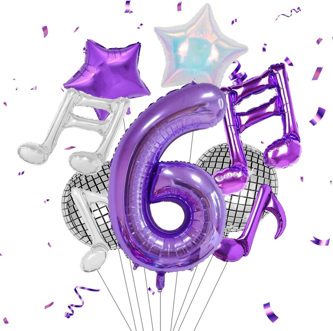 Purple Music Birthday Party Decorations Magical Music Themed Party Supplies, Number 6 Balloon Set 40 Inch Large Number Foil Mylar Balloons