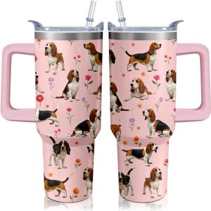 40oz Basset Hound Tumbler with Handle and Straw, Cute Dog Stainless Steel Insulated Cup with Lid and Straw, Travel Coffee Mug Water Bottle, Birthday Mothers Day Gifts for Women Men Animal Lovers