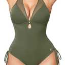 Popilush Tummy Control Swimsuits for Women - One Piece Shapewear Bathing Suit with Built-in Bra Mesh Slimming Swimsuit (Green, M)