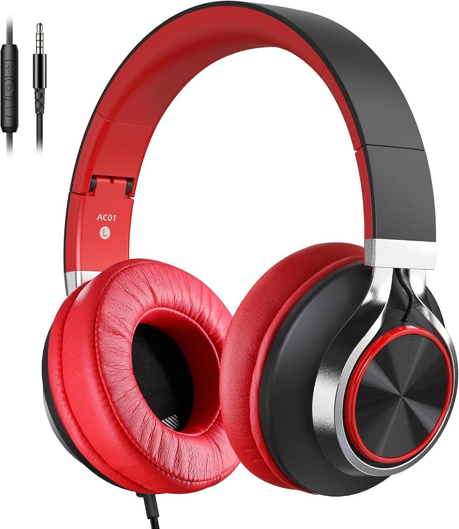 Over Ear Headphones Wired, AC01 Corded Stereo Headsets with Microphone Volume Control for Adults Teens Kids 3.5mm Jack for Chromebooks, Laptop, Computer, Tablets, Travel (Black Red)