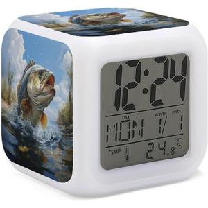 Alarm Clock for Kids Boy Girl 7 LED Color Changing Wake Up Clock Home Decor Bedroom Digital with Temperature Display (Bass Fish)