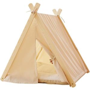 Solid Wood Indoor Pet Tent With Thick Mat - Portable Cat and Dog House Teepee, Cute Cave Bed (Off White)