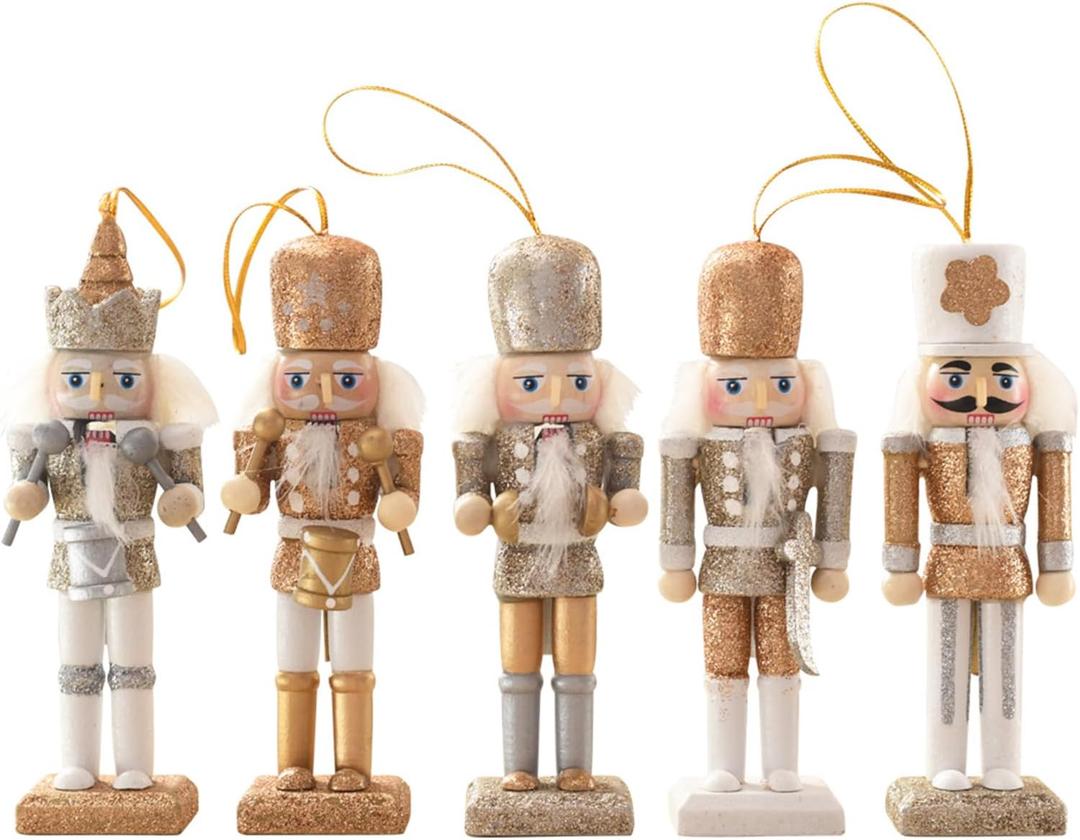 Christmas Nutcracker Ornaments Set, Wooden Christmas Nutcracker Soldier Figures Decorative Collectible Nutcracker 5 Inch Mini Nutcracker Figurines Christmas Tree Hanging Decorations, 5pcs Bling Gold