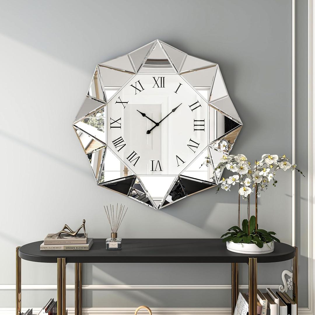 SHYFOY Decorative Wall Clock, 22 inch Mirrored Large Wall Clock, Silver Modern Silent Wall Clocks Diamond Beveled Frame Edge, Home Art Deco for Living Room,Dining Room