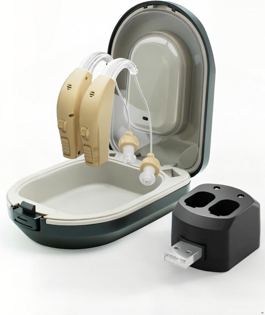 Hearing Aids for Seniors Rechargeable Invisible Behind The Ear Design with 20H Battery DSP Noise Reduction OTC Hearing Aids for Mild to Moderate Hearing Loss Easy Volume Control Not Amplifiers
