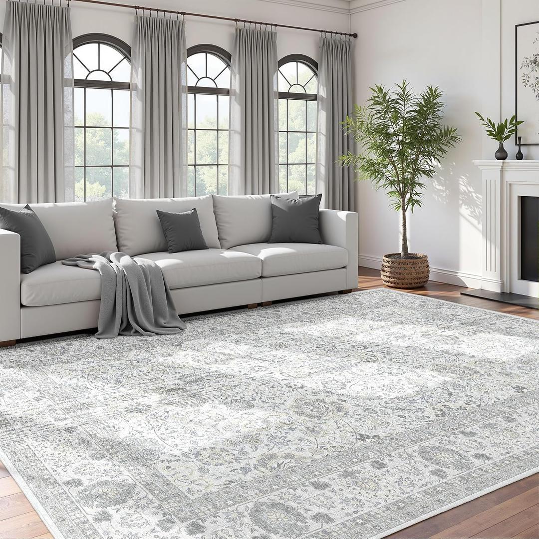 Neutral Area Rugs 8x10 for Living Room Vintage Rug Boho Floral Modern Washable Area Rug with Non-Slip Backing Large Carpet for Bedroom Dining Room Light Grey