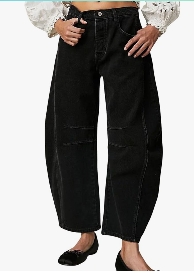 Womens Stretchy Mid Rise Barrel Jeans Vintage Loose Wide Leg Cropped Denim Pants Y2k Baggy Boyfriend Jeans, Small