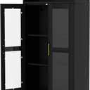 GarveeHome 73" Tall Arched Metal Storage Cabinet with Glass Doors & Drawer,Freestanding Pantry Cabinet with Adjustable Shelves, Modern Accent Bookshelf for Dining Room/Living Room, Black