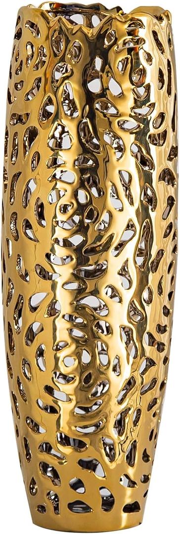 Modern Coral Openwork Ceramic Vase, 16 inch Floor vase for Home dcor, Gold Tall vase for Living Room. Pampas Grass Flower Vases for Bathroom Decor Bedroom Decor