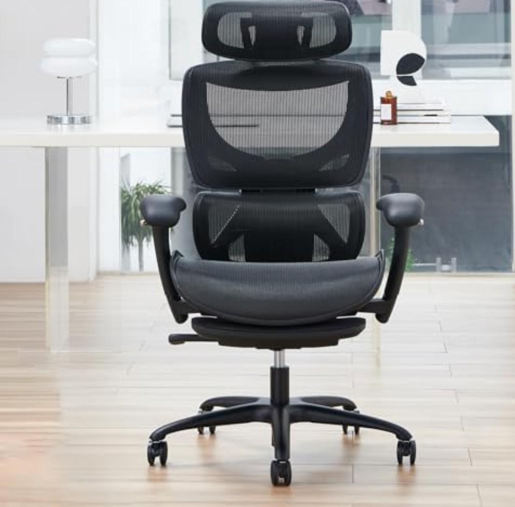 COLAMY Ergonomic Mesh Office Chair with Footrest, Executive High Back Computer Desk Chair with Wide Headrest and Adjustable 3D Arms, Fixed Tilt Lock and Lumbar Support (Black)